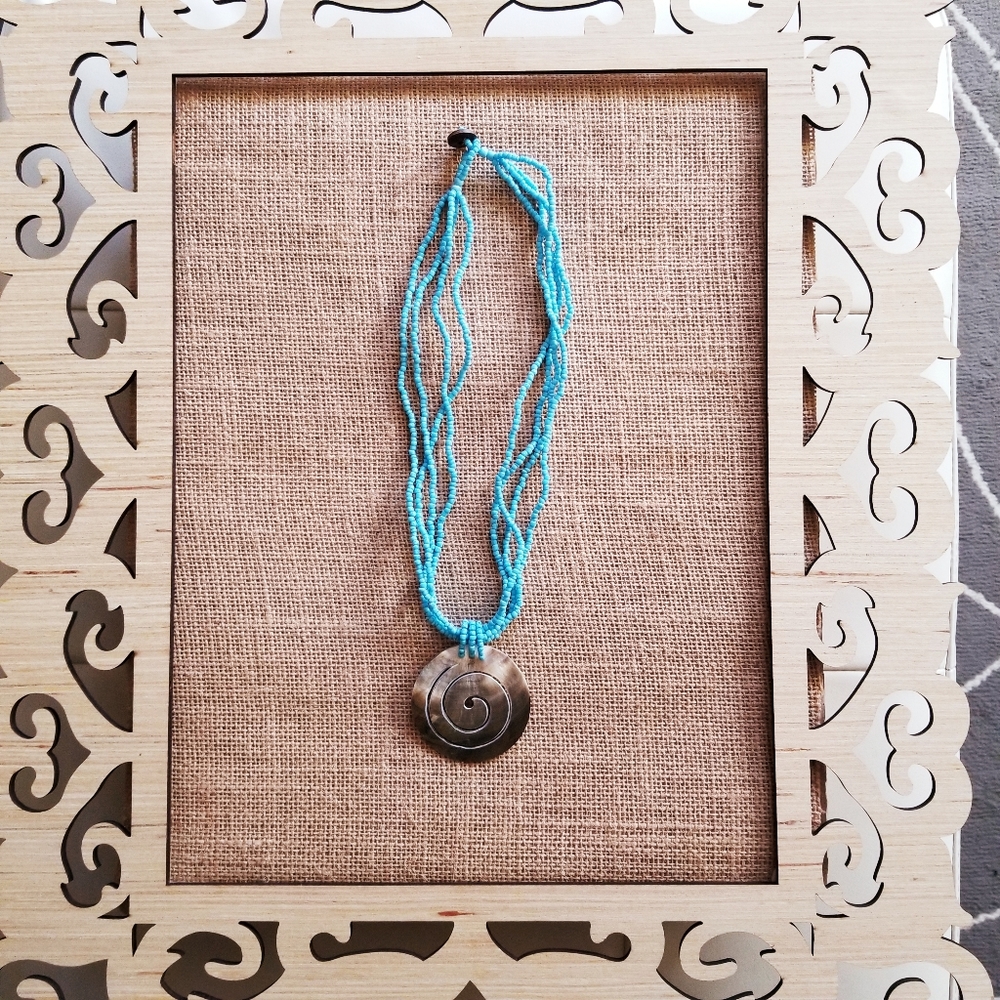 Blue Beaded Abalone Shell  Modern Abstract Necklace